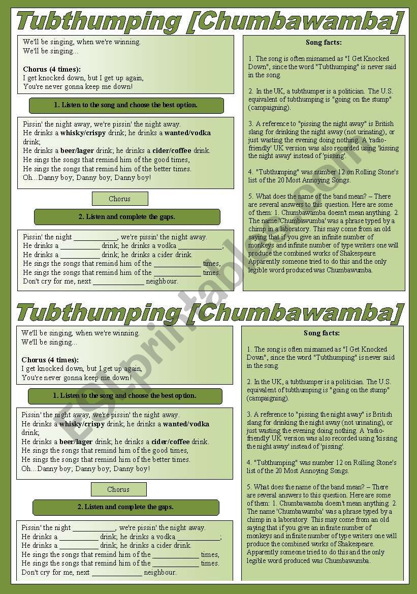 SONG!!! Tubthumping [Chumbawamba] - Printer-friendly version included.